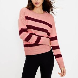 LOFT Striped Sweater Button Shoulder Pink Burgundy Long Sleeve Soft Cozy Knit XL